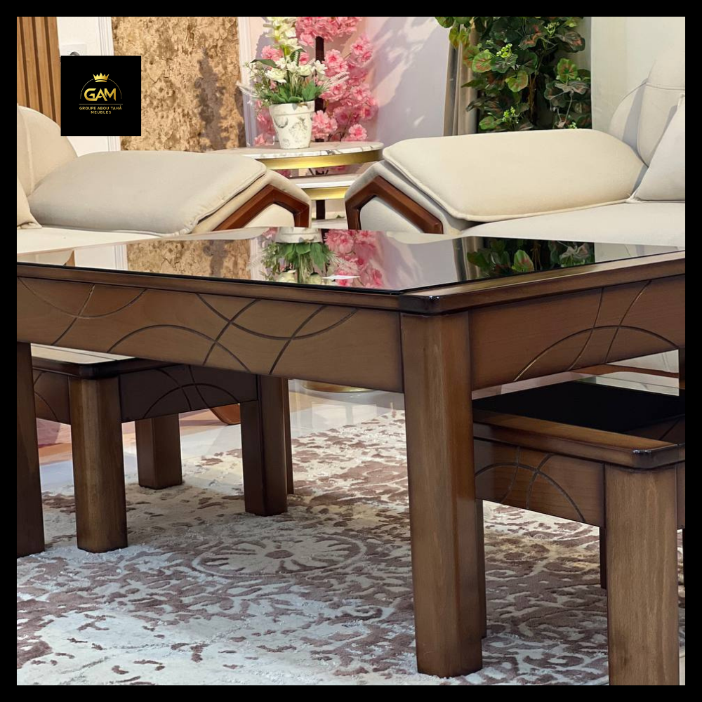 TABLE BASSE 3 PIÈCES CARRÉ 2 LIGNES HÊTRE