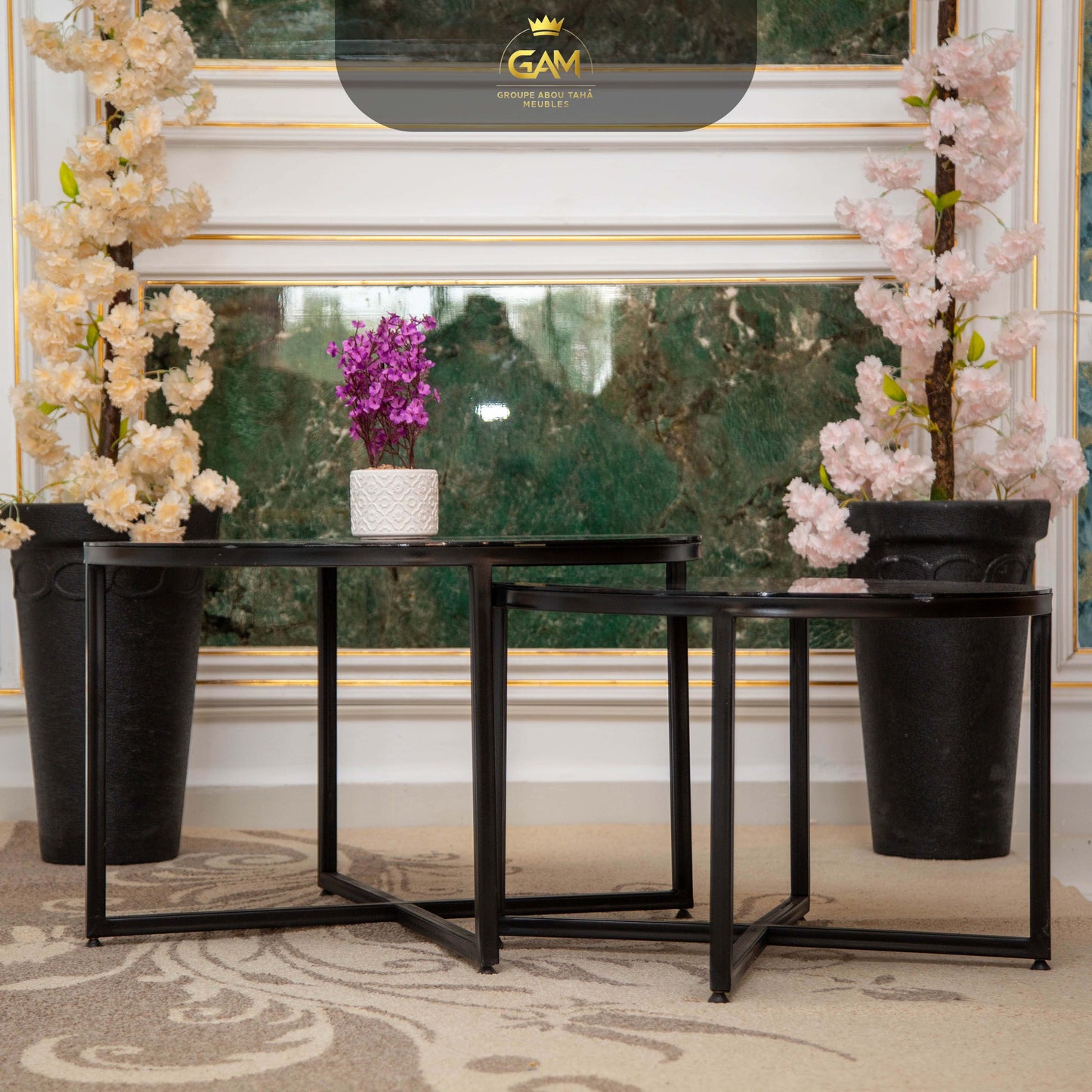 TABLE BASSE 2 PIÈCE ROND  EN VERRE NOIR