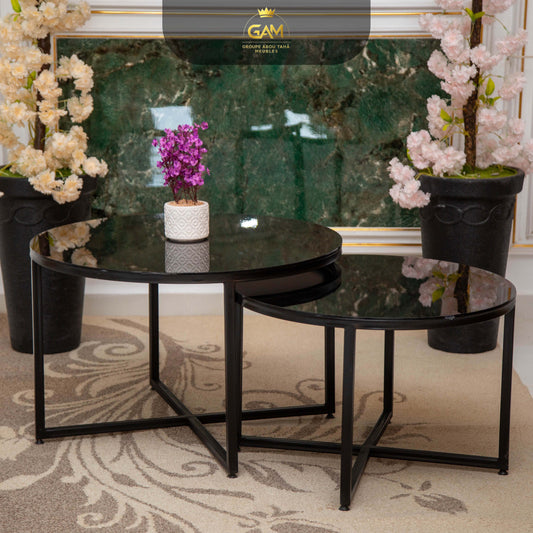 TABLE BASSE 2 PIÈCE ROND  EN VERRE NOIR