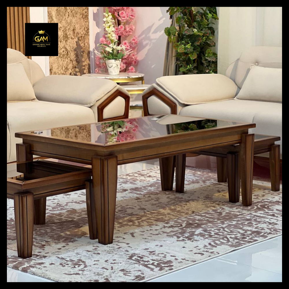 TABLE BASSE 3 PIÈCES CARRÉ HÊTRE EN VERRE